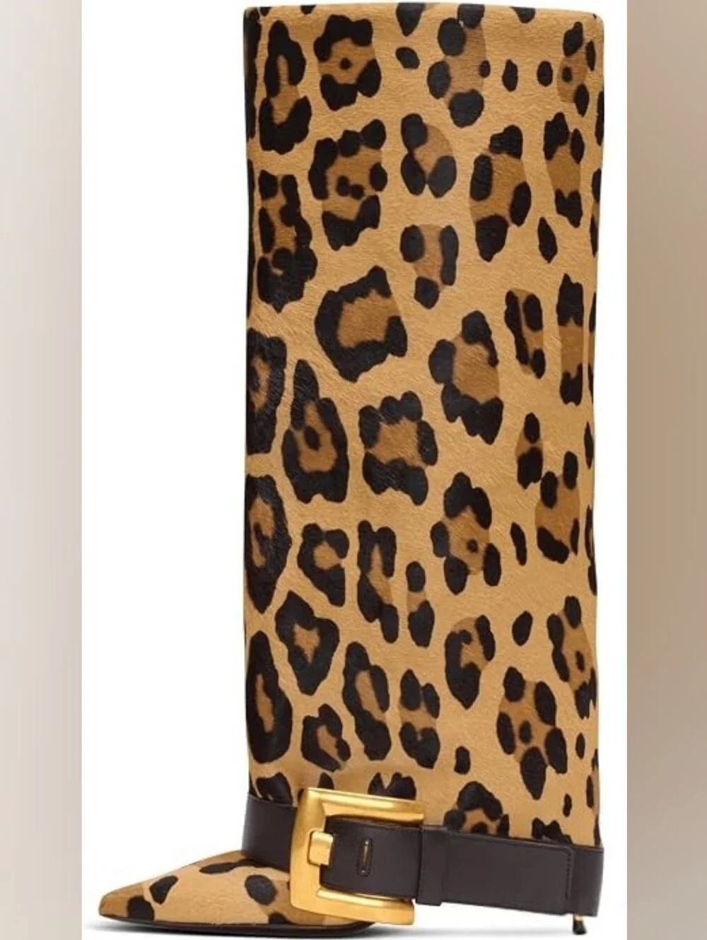 Leopard Print Pointed Toe Brown & Black Foldover Knee Boots